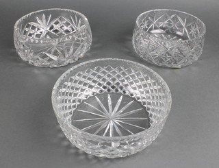 A cut glass shallow fruit bowl 8" and 2 other fruit bowls 