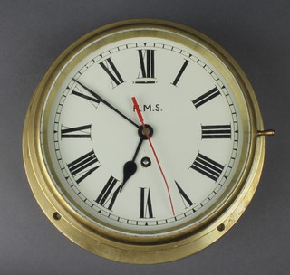 A Ward room style clock, the 8" brass dial marked HMS, with sweep second hand and contained in a brass case 