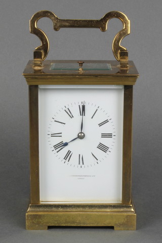 An 8 day repeating carriage clock, the enamelled dial with Roman numerals marked Barraclough and Sons Leeds, replacement platform 