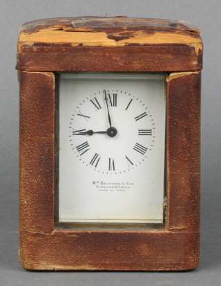 A 19th Century French carriage timepiece with enamelled dial and Roman numerals, the dial marked William Bruford Eastbourne and Exeter, contained in a polished steel case 