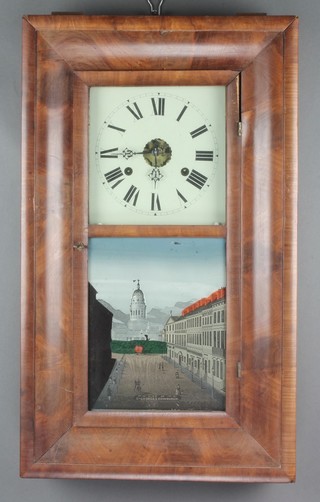Chauncey Jerome, Newhaven, an American 30 hour striking wall clock with painted dial and Roman numerals, contained in a walnut case, the glazed panelled door decorated a view of St George's Edinburgh 