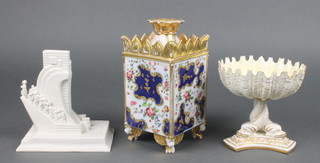 A Continental square pot pouri decorated with panels of flowers 6", a Royal Worcester centre piece the shell bowl supported by dolphins 5" and a bisque Portuguese group 5"