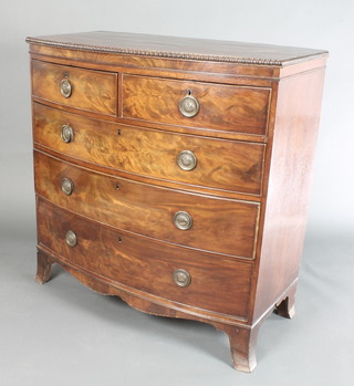 A Georgian mahogany bow front chest of 2 short and 3 long graduated drawers, raised on splayed bracket feet 43"h x 42"w x 20 1/2"d 