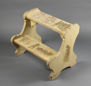 A set of early 20th Century Continental painted pine 2 tread steps, decorated military scenes, 19"h x 24"w x 17"d 
