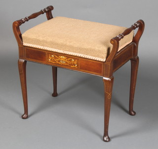 An Edwardian inlaid mahogany box seat piano stool with upholstered seat, raised on club supports 22"h x 23"w x 14"d