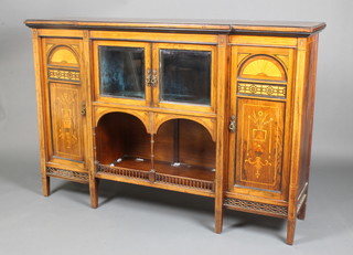A Victorian inlaid rosewood breakfront chiffonier base, fitted cupboards enclosed by bevelled plate panelled doors above an arched shaped recess and with a pair of arched panelled cupboards to the sides, raised on square and tapered supports 40"h x 59"w x 16"d