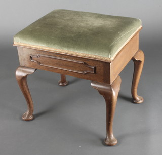 A 19th Century Georgian style rectangular mahogany box seat piano stool with hinged lid and upholstered seat, on cabriole supports 19"h x 20"w x 16"d 