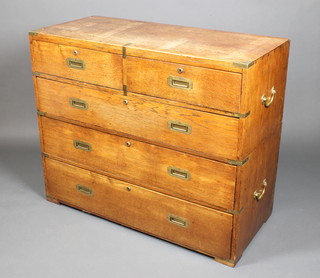 A 19th Century oak military chest with brass banding and drop handles, fitted 2 short and 3 long graduated drawers (with replacement handles), missing bun feet 35 1/2"h x 42"w x 19"d 