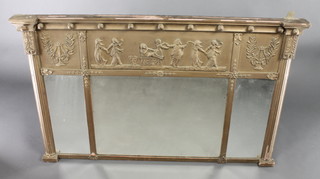 A 19th Century rectangular triple plate over mantel mirror contained in a gilt frame with ball studded decoration 44"w x 28"h 