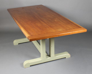 A rectangular mahogany refectory table raised on an apple green painted base with H framed stretcher 30"h x 37"w x 82"l 