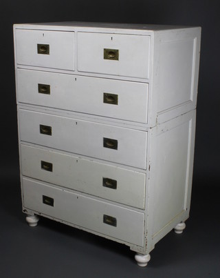 A white painted Military chest in two sections, the upper section fitted 2 short drawers above 1 long drawer, the base fitted 3 long drawers, raised on bun feet 50"h x 36"w x 22"d 