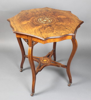 An Edwardian octagonal shaped inlaid rosewood 2 tier occasional table with stylised X framed stretcher, raised on cabriole supports 28"h x 26 1/2"w x 26 1/2"d 