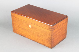 A 19th Century mahogany twin compartment tea caddy with ivory escutcheon, the interior fitted mixing/sugar bowl receptacle and having 2 tea caddies with hinged lids, 1 requiring glue to hinge, 6"h x 12"w x 6"d 