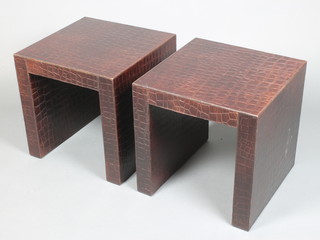 Andrew Martin of Chelsea, a pair of cube shaped side tables with leather crocodile finish 18"h x 18"w x 18"d 