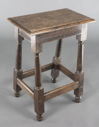 A 19th century oak joint stool on turned and block supports 24"h x 18"w x 11"d