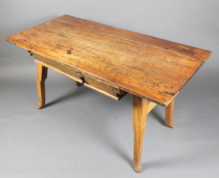 A Continental rectangular fruitwood and pine pastry table with brass mounts to the corners fitted 2 proving drawers, raised on outswept supports 29"h x 58"w x 28 1/2"w 
