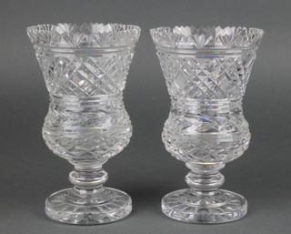 A pair of cut glass thistle shaped vases 7" 