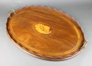An Edwardian oval inlaid mahogany tea tray 6 1/2" x 18" 