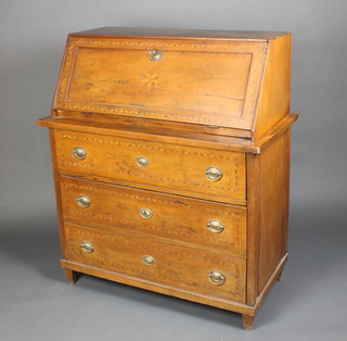 A Continental inlaid satinwood bureau, the fall front revealing a well fitted interior fitted 6 drawers, the base fitted 3 long drawers, raised on squared supports 44"h x 38 1/2"w x 20"d 