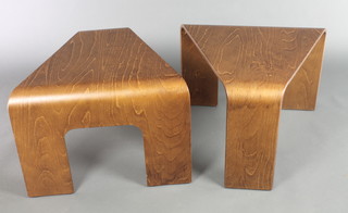 A pair of triangular plywood occasional tables 19"h x 25"w x 26"d x 9 1/2" to the narrowest point 