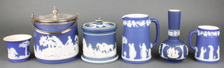 A Wedgwood silver plated mounted Jasper biscuit barrel, 2 jugs, vase, tobacco jar and jardiniere 