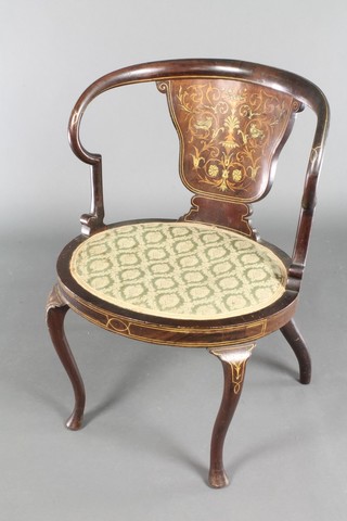 An Edwardian inlaid mahogany tub back chair, raised on cabriole supports 