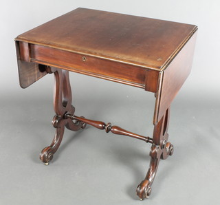 A 19th Century mahogany sofa table fitted a drawer, raised on standard end supports united by an H framed stretcher 29"h x 23"w x 26" when closed x 45" when extended 