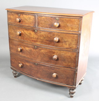 A Victorian mahogany chest of 2 short above 3 long drawers with tore handles, raised on turned supports 41 1/2"h x 42"w x 20"d 