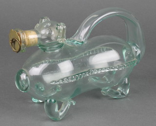 A Continental glass decanter in the form of a standing dog with metal mounted cork stopper 9"