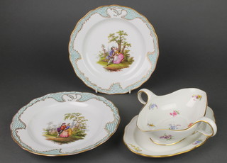 A pair of Meissen plates decorated with fete galante views 10" together with a 20th Century Meissen sauce boat decorated with spring flowers 10 1/2" 