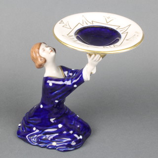 A Royal Dux figure of a kneeling lady holding aloft a shallow dish 10" 