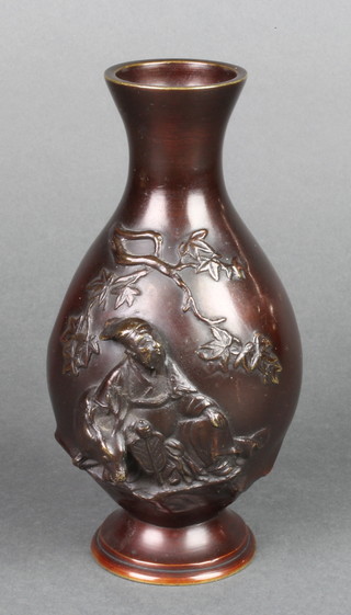 A Chinese bronze club shaped vase decorated a figure of a seated sage with deer 7" 