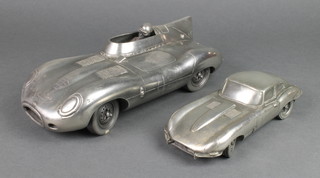 A silvered resin model of an E Type Jaguar 8 1/2" and 1 other racing car 12"
