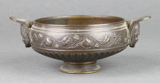 An Art Nouveau Greek style bronze twin mask handled bowl with floral border 4" 