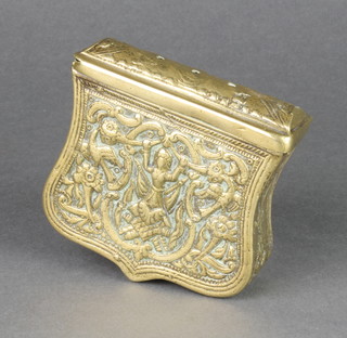 An Indian shield shaped brass box with repousse decoration, the hinged lid having 3 holes, 4" 