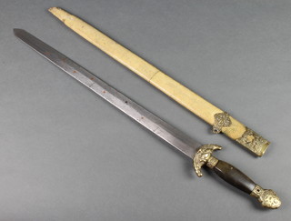 A Chinese Jian sword, the 17" double edged blade inlaid copper with horn grip contained in a shagreen scabbard (mount missing to end of scabbard) 