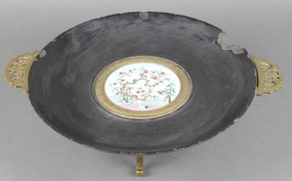 A Chinese circular turned marble bowl with enamel panel and gilt bronze mounts 14" diam. 