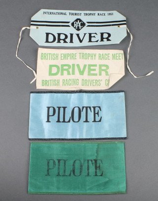 A 1951 RAC International Tourist Trophy Trust drivers armband, a British Empire Trophy Race meet driver's cloth badge, 2 Le Mans driver's armbands - green and sky blue marked Pilote, previously worn by R F Peacock 