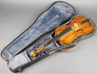 A First World War violin with 1 piece back, the interior marked in pencil  Angefertigt WÃƒ?Ã‚Â¤hrend Meiner Kriegsgefangenschaft  Paul Nikodem  Scotland JM April 1916   