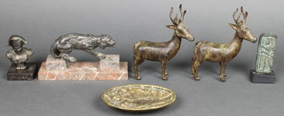 A pair of Chinese bronze figures of standing stags 6", a Greek relief plaque of a standing warrior 3 1/2", an oval gilt metal ashtray, a spelter bust of Napoleon on marble base (f) 3", spelter figure of a walking tiger on a marble base (f) 3" 