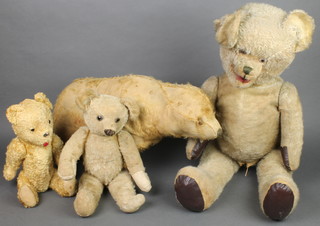 A yellow fabric standing bear 15" x 21" (threadbare), a large yellow teddybear 33", 2 yellow teddybears 15" and 14", all play worn 