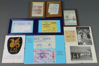 6 various FA Cup football tickets including - Final Tie April 30th 1949, Birmingham City V Leicester City 1960-61 fifth round, 1968-69 fifth round,  Final May 6th 1961, ditto May 4th 1963, ditto April 26th 1969 together with an FA  Challenge Cup semi-final ticket Leicester V Liverpool 1974 played at Old Trafford and a football league ticket Leicester City V Sunderland 21 January 1996 together with a City Boys School Football First 11 Colours blazer badge 1955-56 