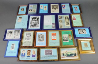 A collection of various football related cigarette cards and prints framed 