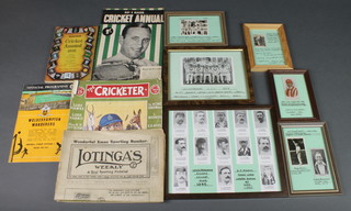 1 edition of "Lotinga Weekly" 21st December 1912, 1 volume "Cricketer Annual 1924-25", Mason Cricket Annual 1951, Playfair Cricket Annual 1951, black and white photographs of Leicestershire Cricket Club 1936-37, 3 framed cigarette cards of cricketers 