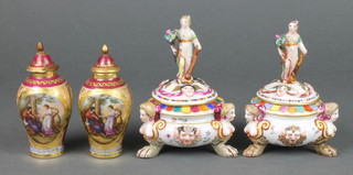 A pair of early 20th Century Austrian baluster vases and lids decorated with classical figures on a burgundy ground with gilt decoration 4 1/4" and a pair of early 20th Century Capodimonte squat pots and lids with figural finials on paw feet 5" 