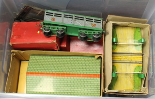 A Hornby O gauge no.1 platform, ditto no.1 level crossing, no.1 cattle truck, no.2 single arm signal brake van, all boxed together with a Hornby GW truck, buffer stop, points, rails, etc 