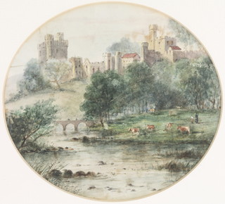  Edwardian watercolour, riverside scene with cattle and distant castle, circular, unsigned 6 1/2" 