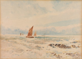 J Morris, watercolour, signed, fishing boats at sea 10" x 14"