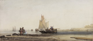 A 19th Century watercolour, fishing vessels and figures on a beach with distant buildings, indistinctly signed 20" x 21 1/2" 