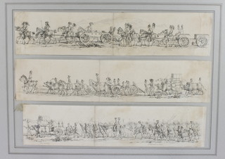 19th Century prints, military views of columns of soldiers, battle scenes and village views India, 3 framed as one (6), each 4 1/2" x 19 1/2" 
